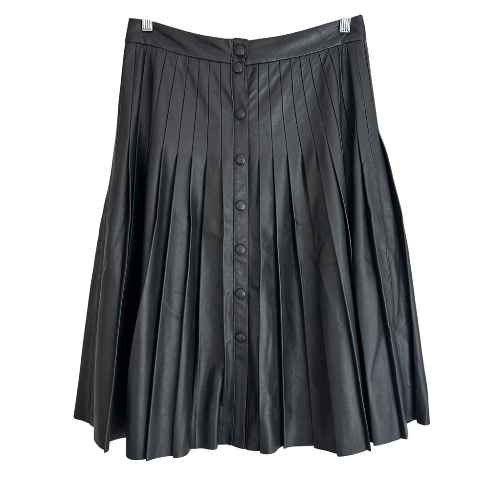 NEW Rebecca Taylor Vegan‎ Leather Pleated Midi Skirt Womens 10 Black Modern Goth